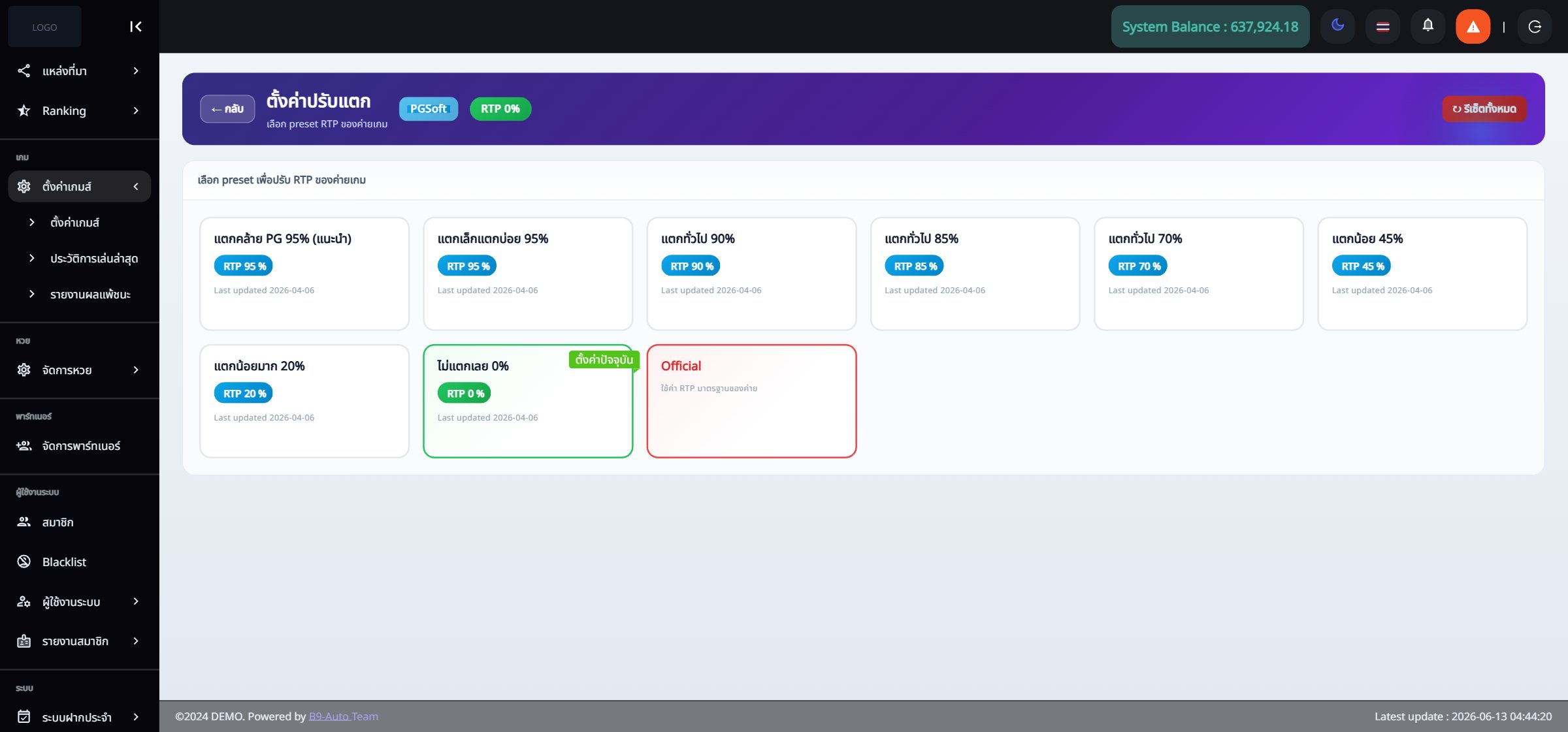 ตั้งค่าค่ายเกม (Provider) — ปรับ RTP / ความแตก